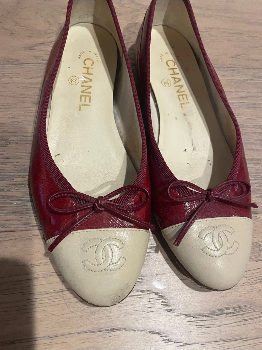 CHANEL Burgundy Eel Skin and Cream Cap-Toe Ballet Flats